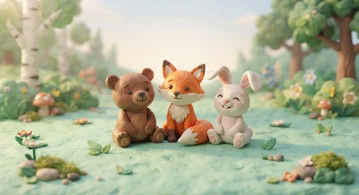 A bear, fox and rabbit together in a soft sunlit forest