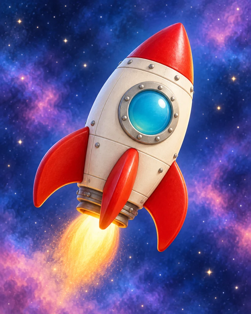 A colourful rocket surrounded by planets and stars
